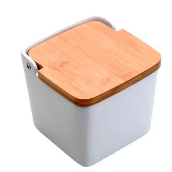 Saleiro De Cerâmica Personalizado Com Tampa de Madeira Pinus